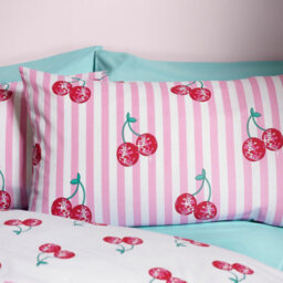 Catherine Lansfield Disco Cherries Stripes Reversible Duvet Cover Set With Pillowcases Pink - thumbnail 3