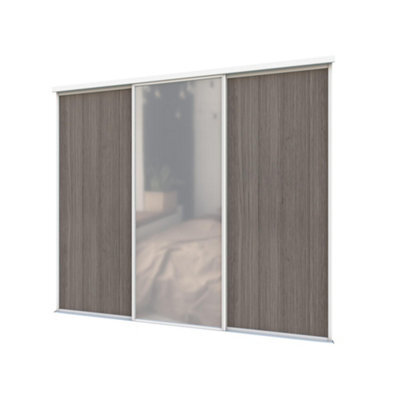 A-Class Sliding Doors Set Of 3 Dark Oak & Mirror Sliding Wardrobe Door Kit, White Frame & Tracks, Opening Height (H) 225-226Cm & Width (W) 223-224Cm - image 1