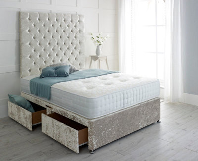 "Adore Designs Chesterfield Crushed Velvet Divan Bed, With Pocket Mattress & 36"" Headboard - 5Ft Kingsize - Cream - 2 Drawers Same Side"