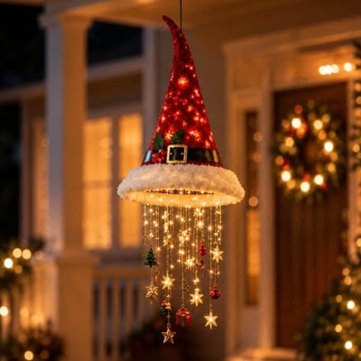 Amorly Hanging Santa Hat Chandelier Warm Led Lights Christmas Decor Warm Led Hanging Santa Hat Chandelier For Porch, Party,indoor Outdoor - image 1