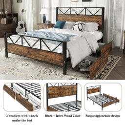 Btm 4Ft6 Double Metal Bed Black Wood Colour With Storage Drawers For Adults And Teenagers - thumbnail 5