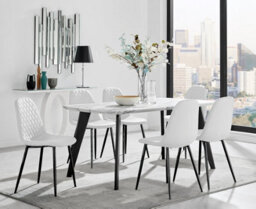 Furniturebox Andria Black Leg Marble Effect Dining Table And  6 White Corona Black Leg Chairs - thumbnail 1