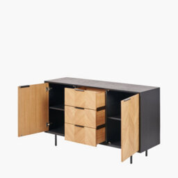 Pacific Lifestyle 2 Door 3 Drawer Black And Natural Chevron Oak And Pine Wood Sideboard - thumbnail 6