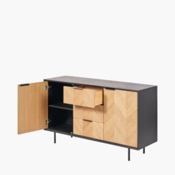 Pacific Lifestyle 2 Door 3 Drawer Black And Natural Chevron Oak And Pine Wood Sideboard - thumbnail 5