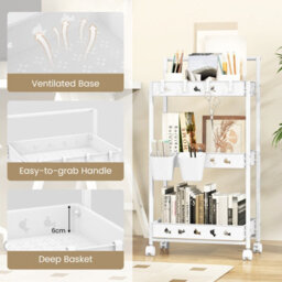 Costway 3-Tier Rolling Storage Cart Bathroom Kitchen Trolley W/ 2 Hanging Cups - thumbnail 8