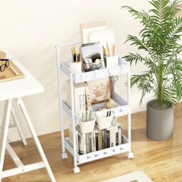 Costway 3-Tier Rolling Storage Cart Bathroom Kitchen Trolley W/ 2 Hanging Cups - thumbnail 5