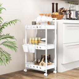 Costway 3-Tier Rolling Storage Cart Bathroom Kitchen Trolley W/ 2 Hanging Cups - thumbnail 4