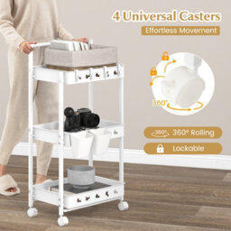 Costway 3-Tier Rolling Storage Cart Bathroom Kitchen Trolley W/ 2 Hanging Cups - thumbnail 7