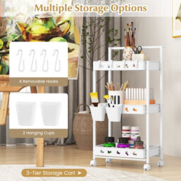 Costway 3-Tier Rolling Storage Cart Bathroom Kitchen Trolley W/ 2 Hanging Cups - thumbnail 6