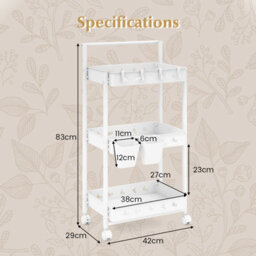Costway 3-Tier Rolling Storage Cart Bathroom Kitchen Trolley W/ 2 Hanging Cups - thumbnail 3
