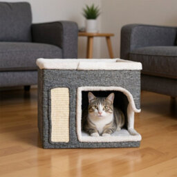Thehotsale Grey 2-In-1 Cat House With Scratch Pad And Fluffy Ball, 40Cm W X 40Cm D X 35Cm H - thumbnail 3