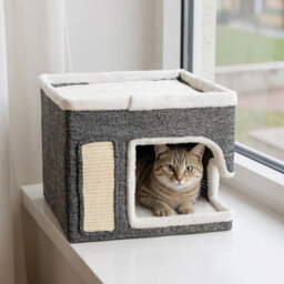 Thehotsale Grey 2-In-1 Cat House With Scratch Pad And Fluffy Ball, 40Cm W X 40Cm D X 35Cm H - thumbnail 2