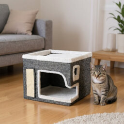Thehotsale Grey 2-In-1 Cat House With Scratch Pad And Fluffy Ball, 40Cm W X 40Cm D X 35Cm H - thumbnail 1