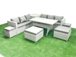 Fimous Rattan Garden Furniture Set Outdoor 10 Seater Patio Dining Sets Glass Top Dining Table And Side Table Light Grey