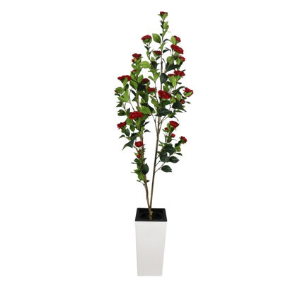 London Boutique 180 Cm Artificial Camellia Tree, Tall Red Planter, Faux Flower Tree, Indoor Outdoor Decor, Entryway Living Room - image 1