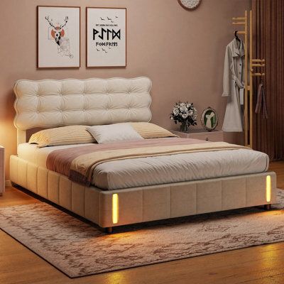 4Ft6 Double Bed 135X190 With Storage, Bed Frame With Inductive Led, Padded Headboard, Slatted, For Adults And Teenagers, Velvet - image 1