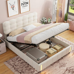 4Ft6 Double Bed 135X190 With Storage, Bed Frame With Inductive Led, Padded Headboard, Slatted, For Adults And Teenagers, Velvet - thumbnail 2