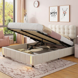 4Ft6 Double Bed 135X190 With Storage, Bed Frame With Inductive Led, Padded Headboard, Slatted, For Adults And Teenagers, Velvet - thumbnail 3