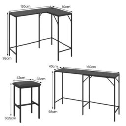 Black 3 Piece Bar Table & Chair Set Convertible L Shaped Kitchen Table - thumbnail 5