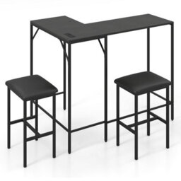 Black 3 Piece Bar Table & Chair Set Convertible L Shaped Kitchen Table - thumbnail 6