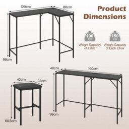Black 3 Piece Bar Table & Chair Set Convertible L Shaped Kitchen Table - thumbnail 2