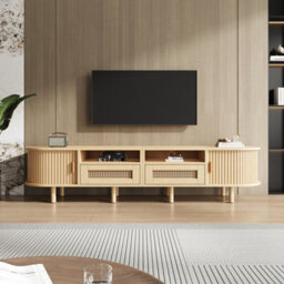 "Btm Tv Stand With 2 Rattan Drawers And 2 Sliding Doors, 170X40X40Cm, Oak, For 70"" Tv" - thumbnail 2