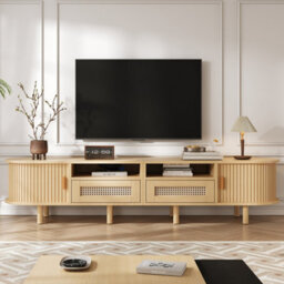 "Btm Tv Stand With 2 Rattan Drawers And 2 Sliding Doors, 170X40X40Cm, Oak, For 70"" Tv" - thumbnail 1