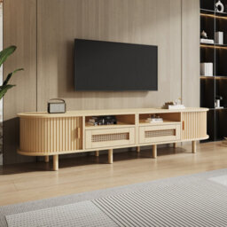 "Btm Tv Stand With 2 Rattan Drawers And 2 Sliding Doors, 170X40X40Cm, Oak, For 70"" Tv" - thumbnail 3
