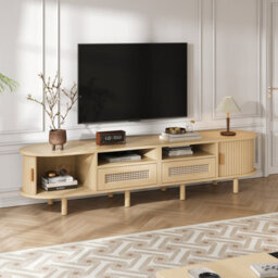 "Btm Tv Stand With 2 Rattan Drawers And 2 Sliding Doors, 170X40X40Cm, Oak, For 70"" Tv" - thumbnail 6