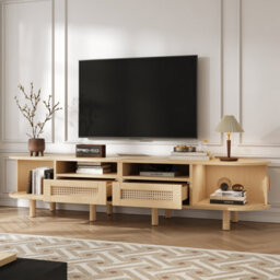 "Btm Tv Stand With 2 Rattan Drawers And 2 Sliding Doors, 170X40X40Cm, Oak, For 70"" Tv" - thumbnail 5