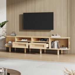 "Btm Tv Stand With 2 Rattan Drawers And 2 Sliding Doors, 170X40X40Cm, Oak, For 70"" Tv" - thumbnail 4