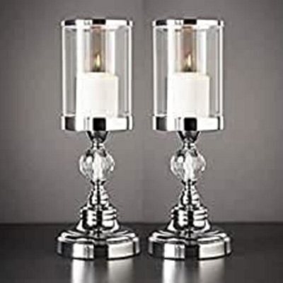Deenz (Pack Of 2) Crystal Effect Chrome Candle Holder - Silver For Home Decoration