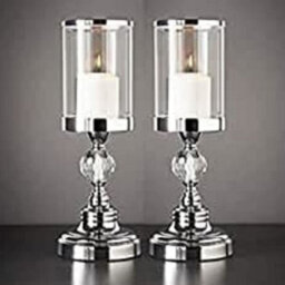 Deenz (Pack Of 2) Crystal Effect Chrome Candle Holder - Silver For Home Decoration