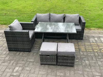 Fimous Pe Rattan Outdoor Furniture Garden Dining Set With Oblong Dining Table Armchair 2 Small Footstools Dark Grey - image 1