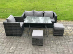 Fimous Pe Rattan Outdoor Furniture Garden Dining Set With Oblong Dining Table Armchair 2 Small Footstools Dark Grey - thumbnail 2