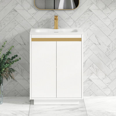 Royal Bathrooms Orion 600mm Matt White 2 Door Floor Standing Vanity Unit With Stone Basin & Brushed Brass Strip - image 1