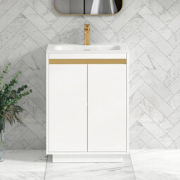 Royal Bathrooms Orion 600mm Matt White 2 Door Floor Standing Vanity Unit With Stone Basin & Brushed Brass Strip