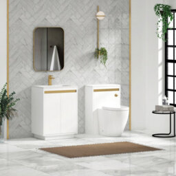 Royal Bathrooms Orion 600mm Matt White 2 Door Floor Standing Vanity Unit With Stone Basin & Brushed Brass Strip - thumbnail 3