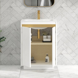 Royal Bathrooms Orion 600mm Matt White 2 Door Floor Standing Vanity Unit With Stone Basin & Brushed Brass Strip - thumbnail 4