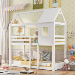 Abrihome Bunk Bed, Children Cabin Bed, Single Bed For Kids, Twin Sleeper, Solid Pine Wood,3Ft -White