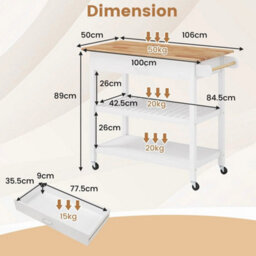 Kitchen Island 3-Tier Rolling Utility Cart With Wood Countertop-White - thumbnail 2