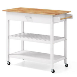 Kitchen Island 3-Tier Rolling Utility Cart With Wood Countertop-White - thumbnail 1