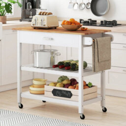 Kitchen Island 3-Tier Rolling Utility Cart With Wood Countertop-White - thumbnail 6