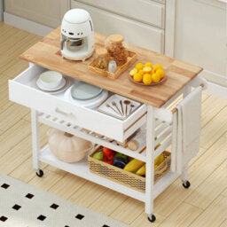 Kitchen Island 3-Tier Rolling Utility Cart With Wood Countertop-White - thumbnail 5