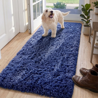 Oxford Homeware Shaggy Rug Anti-Slip Washable Soft Fluffy Living Room And Bedroom Rug (Navy, 60X220Cm) - image 1