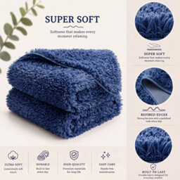 Oxford Homeware Shaggy Rug Anti-Slip Washable Soft Fluffy Living Room And Bedroom Rug (Navy, 60X220Cm) - thumbnail 4