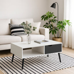 Wyld Haus Sapporo Coffee Table - White Top Matt Black Hairpin Legs 1 Drawer 1 Shelf - thumbnail 1