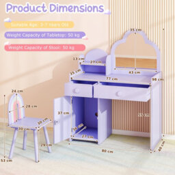 Costway Kids Vanity Table And Chair Set Girls Vanity Set W/ Cloud-Shaped Mirror Purple - thumbnail 3