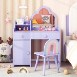 Costway Kids Vanity Table And Chair Set Girls Vanity Set W/ Cloud-Shaped Mirror Purple - thumbnail 1