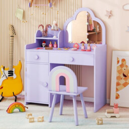 Costway Kids Vanity Table And Chair Set Girls Vanity Set W/ Cloud-Shaped Mirror Purple - thumbnail 4